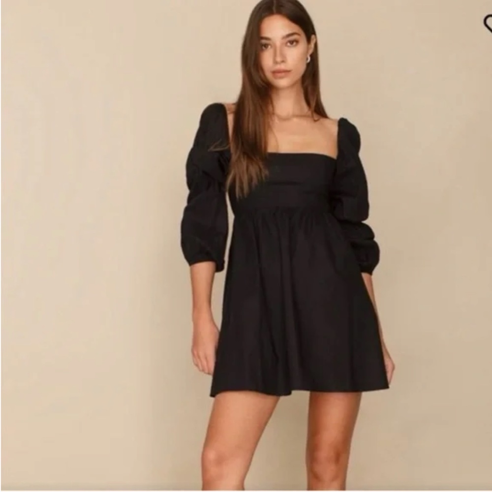 Reformation Black Sigrid Mini Dress‎ Square Neck Puff Sleeve Smocked Back Size 2